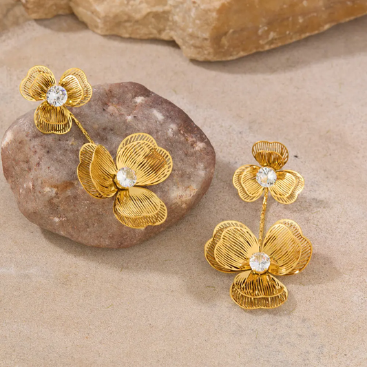 Gold Plated 3D Flower Drop Earrings for Women | Lightweight Party Wear Earrings