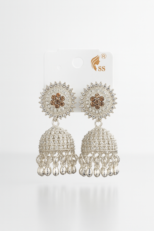 Stunning Silver-Plated AD Stone Jhumka Earrings with Dangling Beads